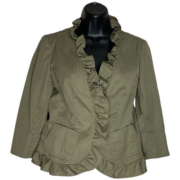 Talbots Blazer Jacket 2 Petite Ruffle Neck Twill Preppy Office Siren Olive Green - Picture 2 of 14